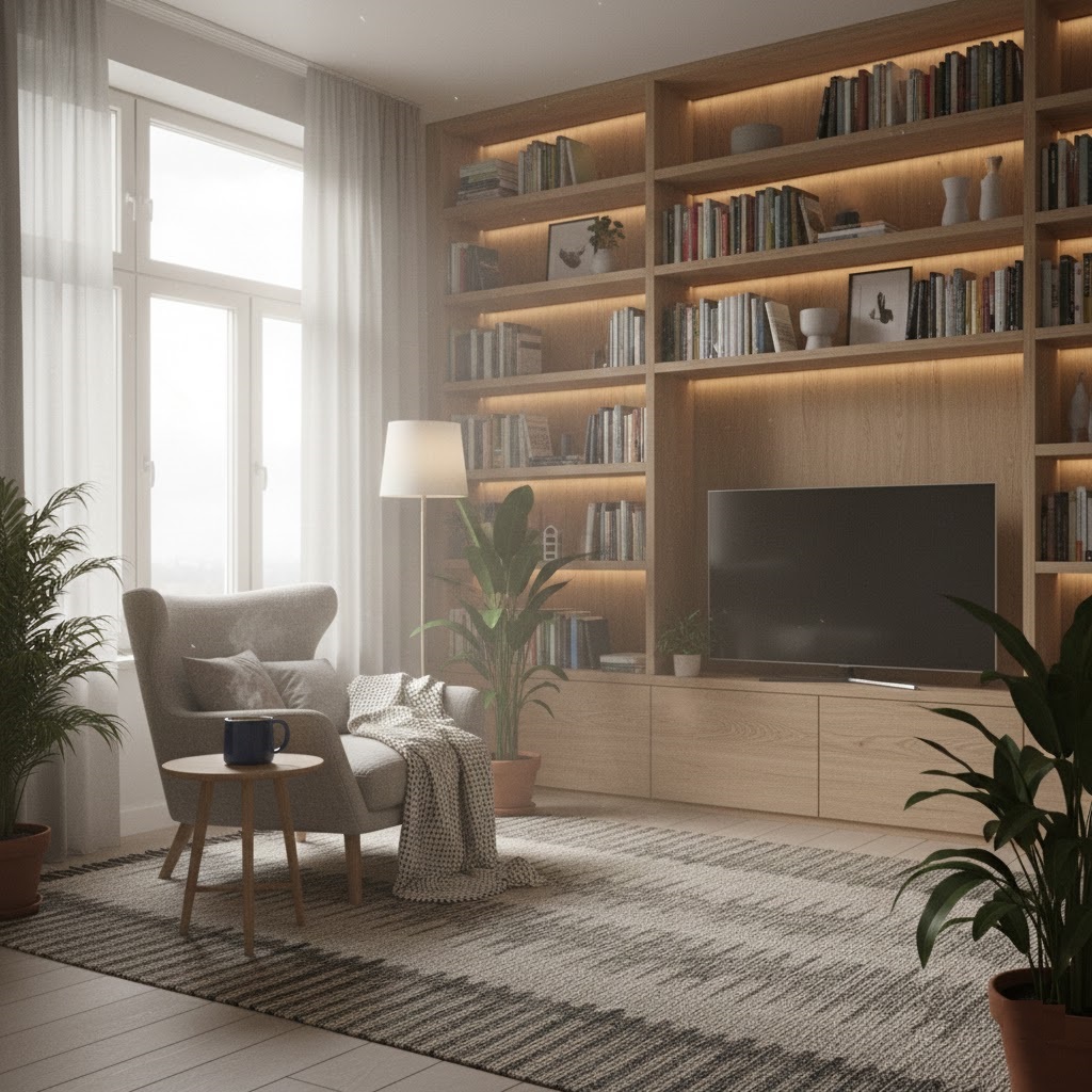 Визуализация гостиной-библиотеки в стиле