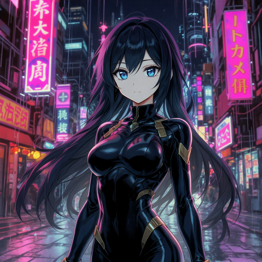 Девушка в кожанном костюме, киберпанк