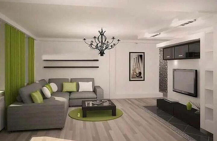Современный интерьер гостиной в серо-зел