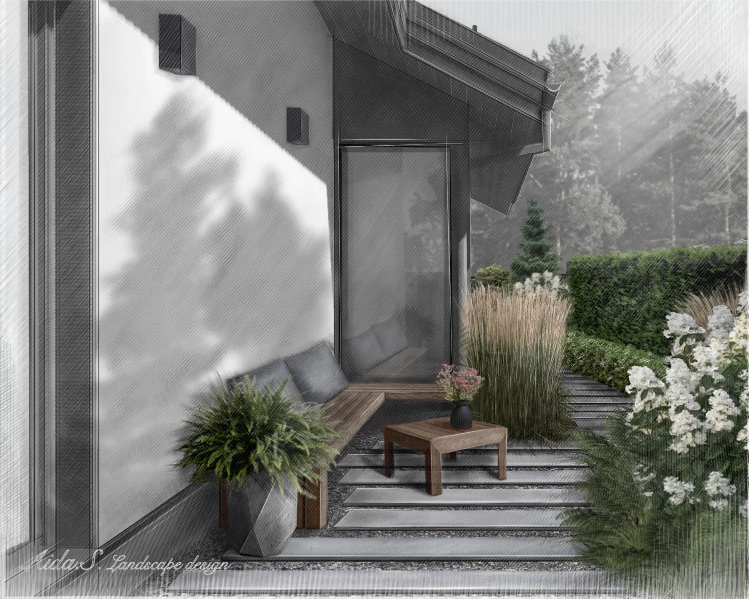 Визуализация, ручной эскиз ландшафта